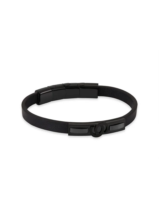 G09  Black Leather IP Black Double C Logo Bracelet for Men