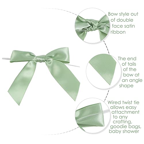 AIMUDI 5 Colors Sage Green Twist Tie Bows 3.5" Premade Satin Ribbon Bows for Gift Wrapping Pre-Tied Green Bows for Crafts, Wedding Decoration, Baby Shower, Birthday, Party Favors, Spring - 50 Counts - Image 3