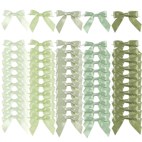 AIMUDI 5 Colors Sage Green Twist Tie Bows 3.5" Premade Satin Ribbon Bows for Gift Wrapping Pre-Tied Green Bows for Crafts, Wedding Decoration, Baby Shower, Birthday, Party Favors, Spring - 50 Counts - Image 1