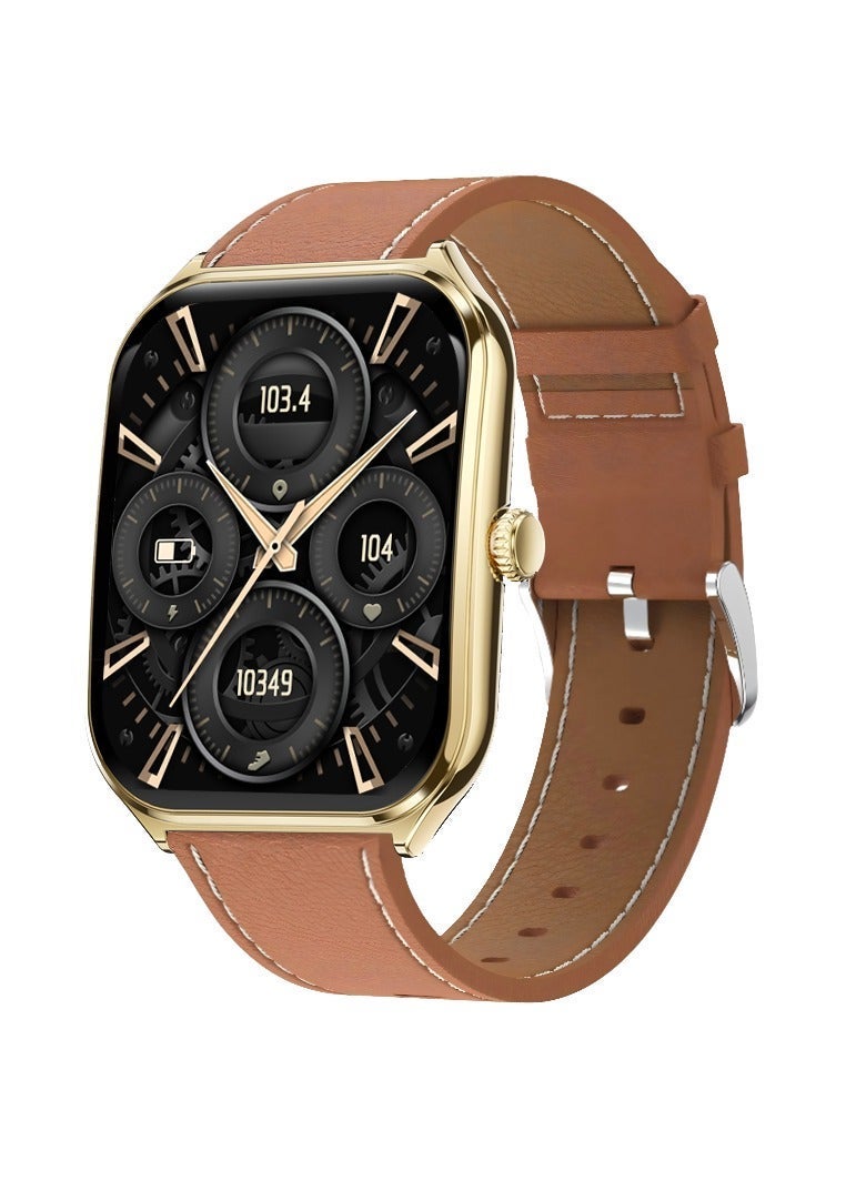 iOsuite Smart Watch with Bluetooth Calling, 1.93” Large Curved AMOLED Display, 3D UI, Heart Rate, Blood Pressure & SpO2 Monitor, Female Health Tracking, 100+ Sports Modes, Compatible with Android & iOS – Gold Case with Brown Strap (FAMO99) - Image 1