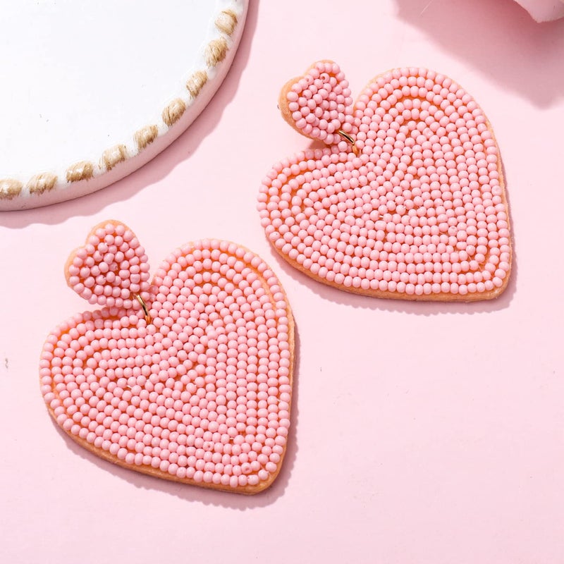 ARATLENCH Heart Earrings for Women Hypoallergenic Beaded Statement Dangle Earrings Boho Handmade Red Love Heart Bead Drop Dangling Earrings Valentineâ€™s Day Earrings Jewelry Gift (I pink heart earrings) - Image 4