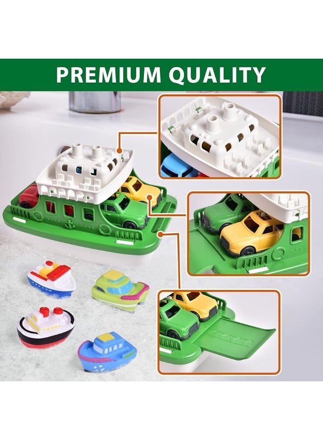 FUN LITTLE TOYS Toy Boat Bath Toys for Toddlers with 4 Mini Car Toys and 4 Bath Boat Squirters, Kids Ferry Boat for Bathtub Bathroom Pool Beach Toys - Image 1