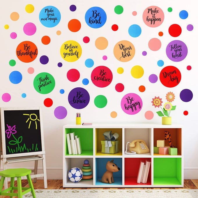 576 PCS POLKA DOT WALL DECALS INSPIRATIONAL WALL DECAL FOR CLASSROOM MOTIVATIONAL QUOTE CIRCLE WALL STICKER REMOVABLE LETTERING POSITIVE SAYING STICKER FOR DANCE YOGA GYMMIXED COLOR