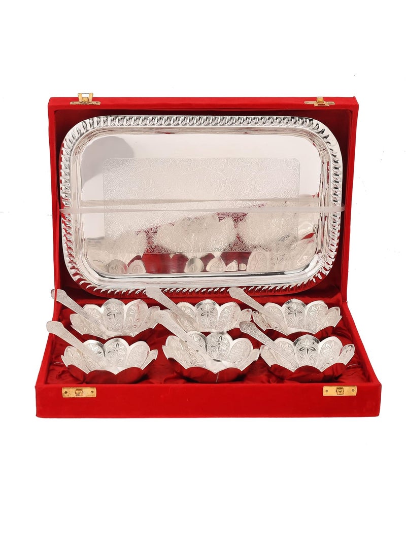 AC ANAND CRAFTS AC ANAND CRAFTS German Silver Bowl Set Lotus Flower Shape 13 pcs Set Silver Red Velvet Box Best for Diwali Gift Corporate Gift Navratri Gift  - Image 1