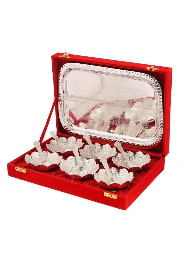 AC ANAND CRAFTS AC ANAND CRAFTS German Silver Bowl Set Lotus Flower Shape 13 pcs Set Silver Red Velvet Box Best for Diwali Gift Corporate Gift Navratri Gift  - Image 4