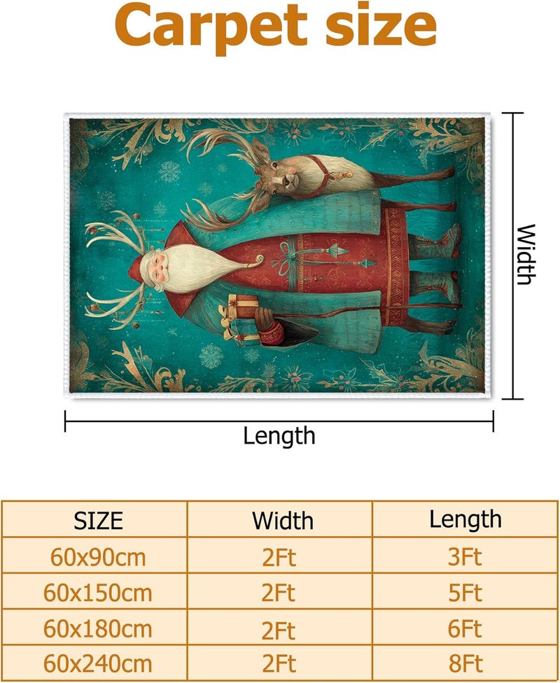 سجادة سانتا رانر (Santa Runner Rug)، ذات نقش مستطيل يحتوي على صورة سانتا كلوز والرنة ورقائق الثلج، بلون أزرق تيركويز، بنسيج ناعم وطبقة منخفضة من الخيوط، مناسبة لتزيين المطبخ ومدخل المنزل وجانب السرير والممرات، مقاس 2×5 أقدام. - Image 2
