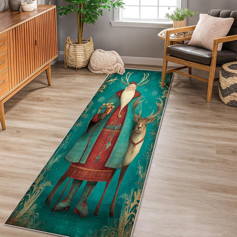 سجادة سانتا رانر (Santa Runner Rug)، ذات نقش مستطيل يحتوي على صورة سانتا كلوز والرنة ورقائق الثلج، بلون أزرق تيركويز، بنسيج ناعم وطبقة منخفضة من الخيوط، مناسبة لتزيين المطبخ ومدخل المنزل وجانب السرير والممرات، مقاس 2×5 أقدام. - Image 3