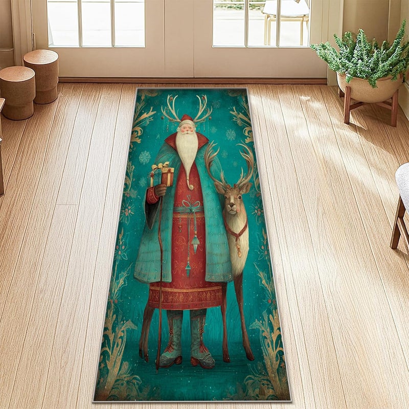 سجادة سانتا رانر (Santa Runner Rug)، ذات نقش مستطيل يحتوي على صورة سانتا كلوز والرنة ورقائق الثلج، بلون أزرق تيركويز، بنسيج ناعم وطبقة منخفضة من الخيوط، مناسبة لتزيين المطبخ ومدخل المنزل وجانب السرير والممرات، مقاس 2×5 أقدام. - Image 1