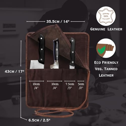 Autentico Leather Autentico Genuine Buffalo Leather Small Knife Case Holder Chef's Knife Roll Holder Cutlery Sheath Carrying Case Organizer Storage Bag Travel Friendly Artist Gift for Men & Women Teak - Image 2