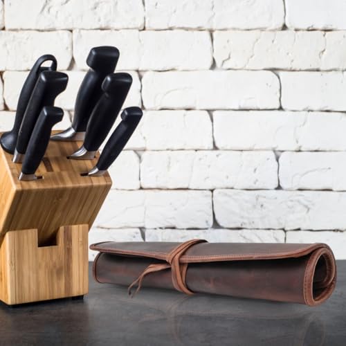 Autentico Leather Autentico Genuine Buffalo Leather Small Knife Case Holder Chef's Knife Roll Holder Cutlery Sheath Carrying Case Organizer Storage Bag Travel Friendly Artist Gift for Men & Women Teak - Image 4