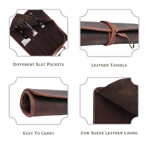 Autentico Leather Autentico Genuine Buffalo Leather Small Knife Case Holder Chef's Knife Roll Holder Cutlery Sheath Carrying Case Organizer Storage Bag Travel Friendly Artist Gift for Men & Women Teak - Image 3