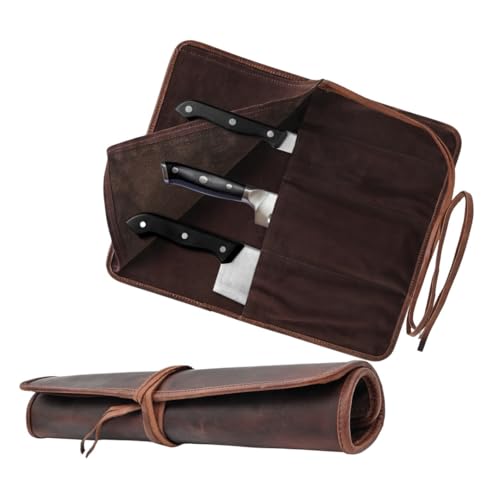 Autentico Leather Autentico Genuine Buffalo Leather Small Knife Case Holder Chef's Knife Roll Holder Cutlery Sheath Carrying Case Organizer Storage Bag Travel Friendly Artist Gift for Men & Women Teak - Image 1