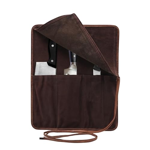 Autentico Leather Autentico Genuine Buffalo Leather Small Knife Case Holder Chef's Knife Roll Holder Cutlery Sheath Carrying Case Organizer Storage Bag Travel Friendly Artist Gift for Men & Women Teak - Image 5