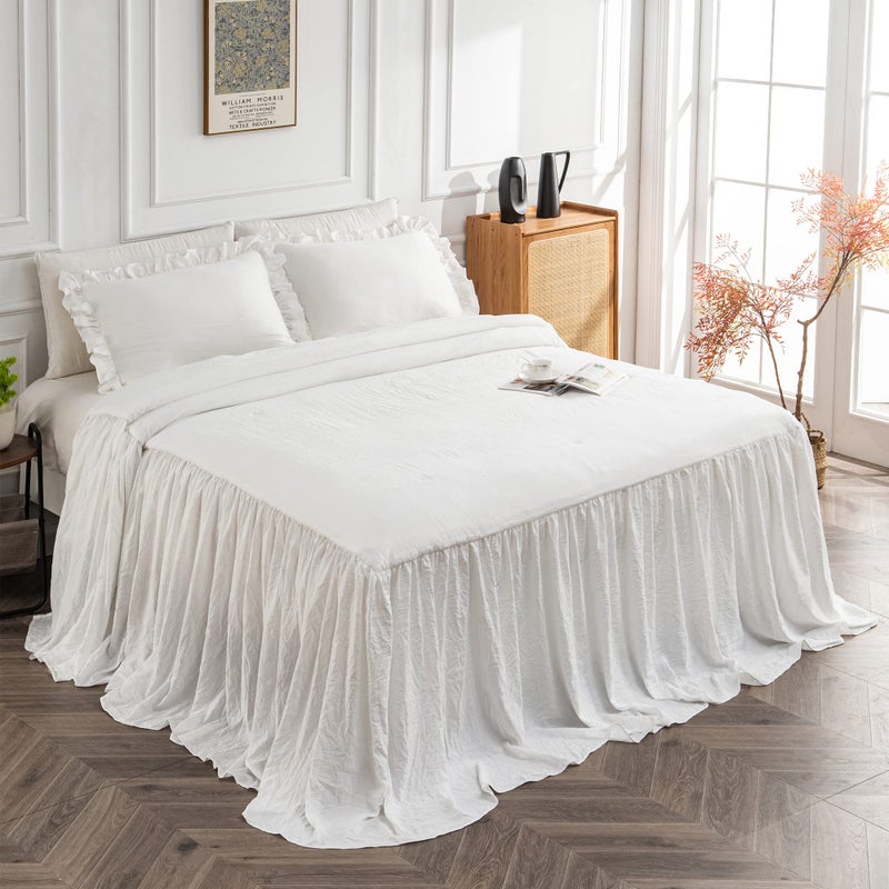 Bonlino Home Bedding Bedspread Set Quilt  Farmhouse Bedspread Summer Coverlet Bed Spreads Lightweight Quilt Chic Vintage Bedding Ruffle Skirt Bedroom Rustic with 2 Pillow Shams King White