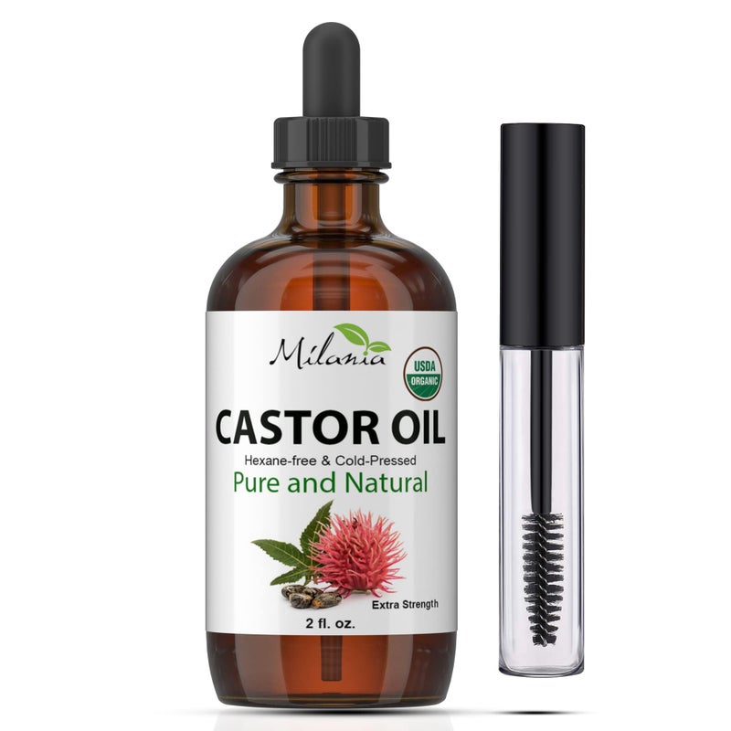 MILANIA Premium Organic Castor Oil (2 fl. oz.) - Pure Cold-Pressed Beauty & Skincare Serum - Eyelash & Eyebrow Hair Growth Enhancer - Image 1