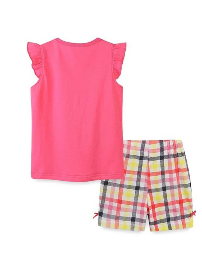 يونيكي Pink Crew Neck Cap Sleeve Printed Tshirt & Shorts