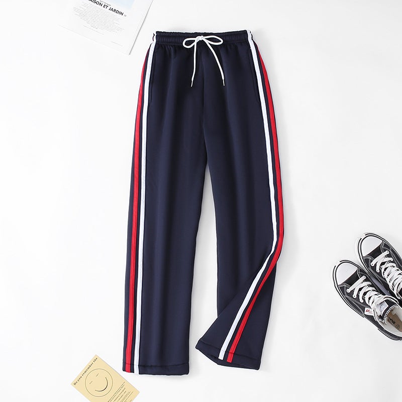White And Red Bar Pants Winter High School Boys And Girls Two Bars Blue Primary School Students Junior High School Plus Velvet Padded Two Bars School Pants - Image 4