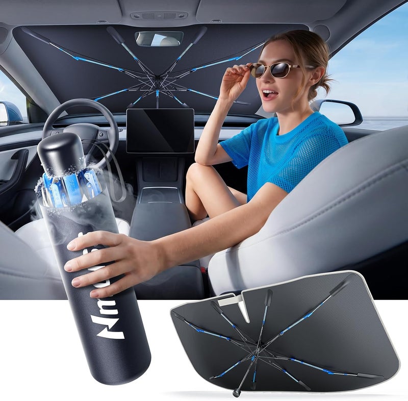 Nmoiss [2025 Upgraded] Windshield Sun Shade Umbrella [Ice Rib] High Speed ​​Cooling 99% UV Blocking Protects Car from Sun and Heat Damage, Keeps Cool and Protects Interior Medium (56" L x 31" W) - Image 1