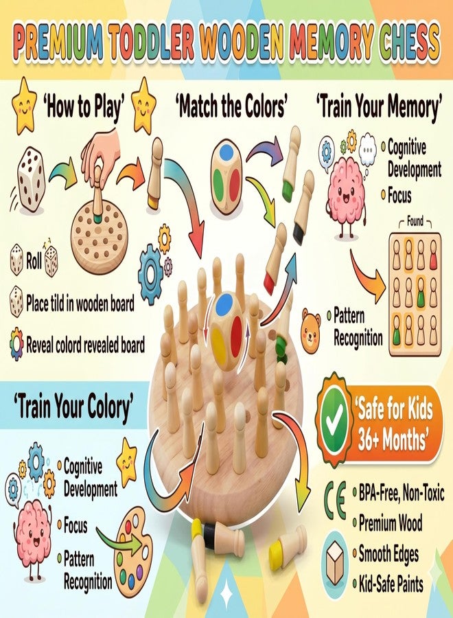 eToymart Wooden Color Memory Chess Game for Kids Age 3+ | Wooden Memory Match Stick Chess Board Game | Brain Puzzle Toy for Boys, Girls & Adults | Montessori Learning & Family Game - Image 3