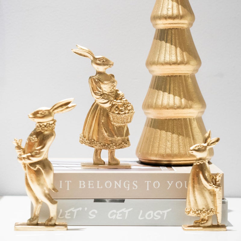 NEROSUN Resin Vintage Gold Bunny Decor Rabbit Figurines, Small Easter Bunny Figurine Set of 3, Vintage Easter Rabbit Statue Table for Home Decoration, Spring Easter Gift (2D Bunny Family) - Image 3