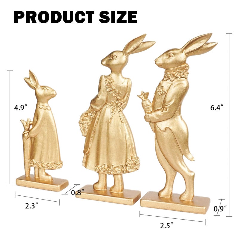 NEROSUN Resin Vintage Gold Bunny Decor Rabbit Figurines, Small Easter Bunny Figurine Set of 3, Vintage Easter Rabbit Statue Table for Home Decoration, Spring Easter Gift (2D Bunny Family) - Image 2