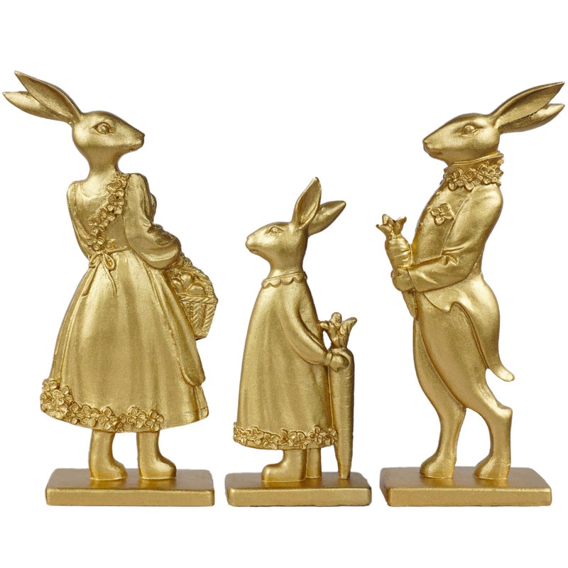 NEROSUN Resin Vintage Gold Bunny Decor Rabbit Figurines, Small Easter Bunny Figurine Set of 3, Vintage Easter Rabbit Statue Table for Home Decoration, Spring Easter Gift (2D Bunny Family) - Image 1