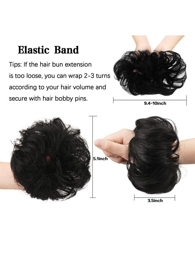 FESHFEN Human Hair Messy Buns, 100% Human Hair Bun Hair Piece Real Hair Extension Wavy Curly Hair Scrunchies Tousled Updo Chignon Hairpieces for Women Girls, Black - Image 3