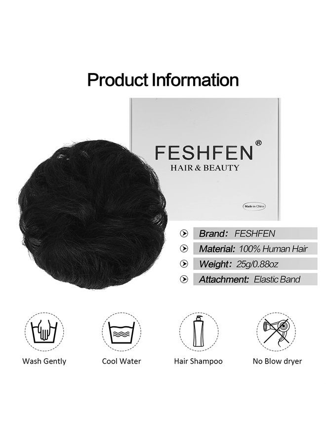 FESHFEN Human Hair Messy Buns, 100% Human Hair Bun Hair Piece Real Hair Extension Wavy Curly Hair Scrunchies Tousled Updo Chignon Hairpieces for Women Girls, Black - Image 5