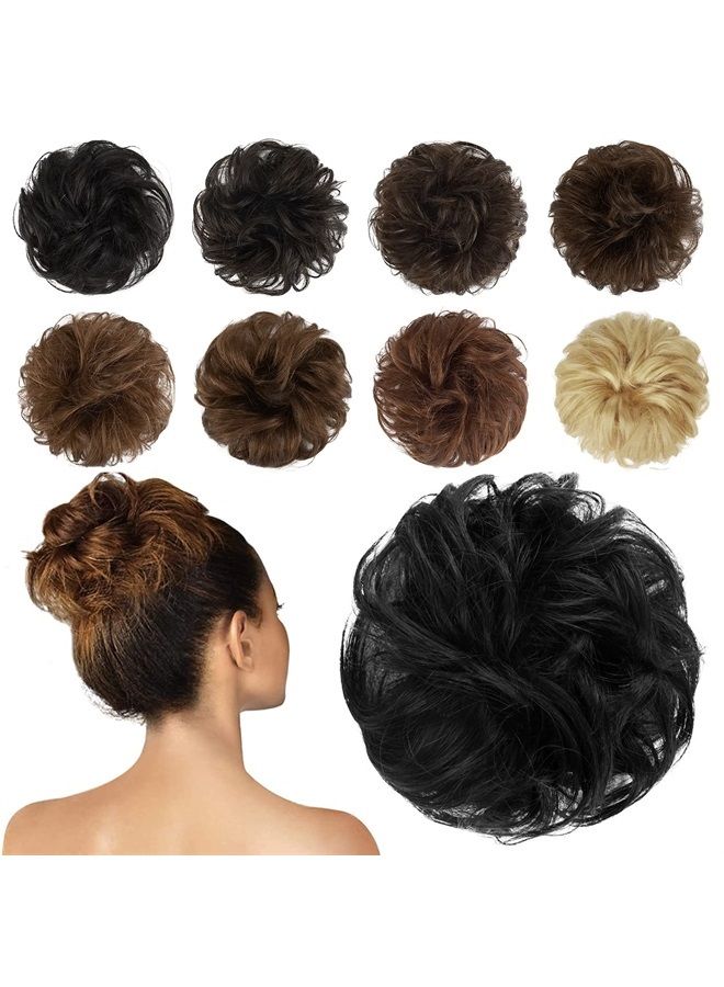 FESHFEN Human Hair Messy Buns, 100% Human Hair Bun Hair Piece Real Hair Extension Wavy Curly Hair Scrunchies Tousled Updo Chignon Hairpieces for Women Girls, Black - Image 1