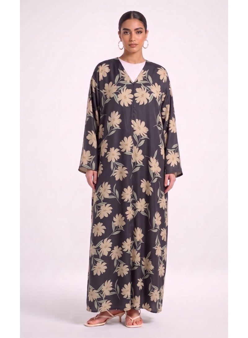 Next Abaya Black Floral Printed Silk Abaya - Image 1