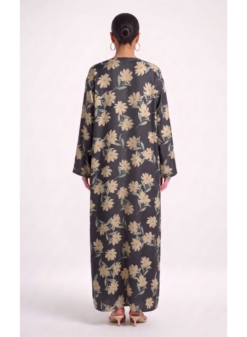 Next Abaya Black Floral Printed Silk Abaya - Image 2