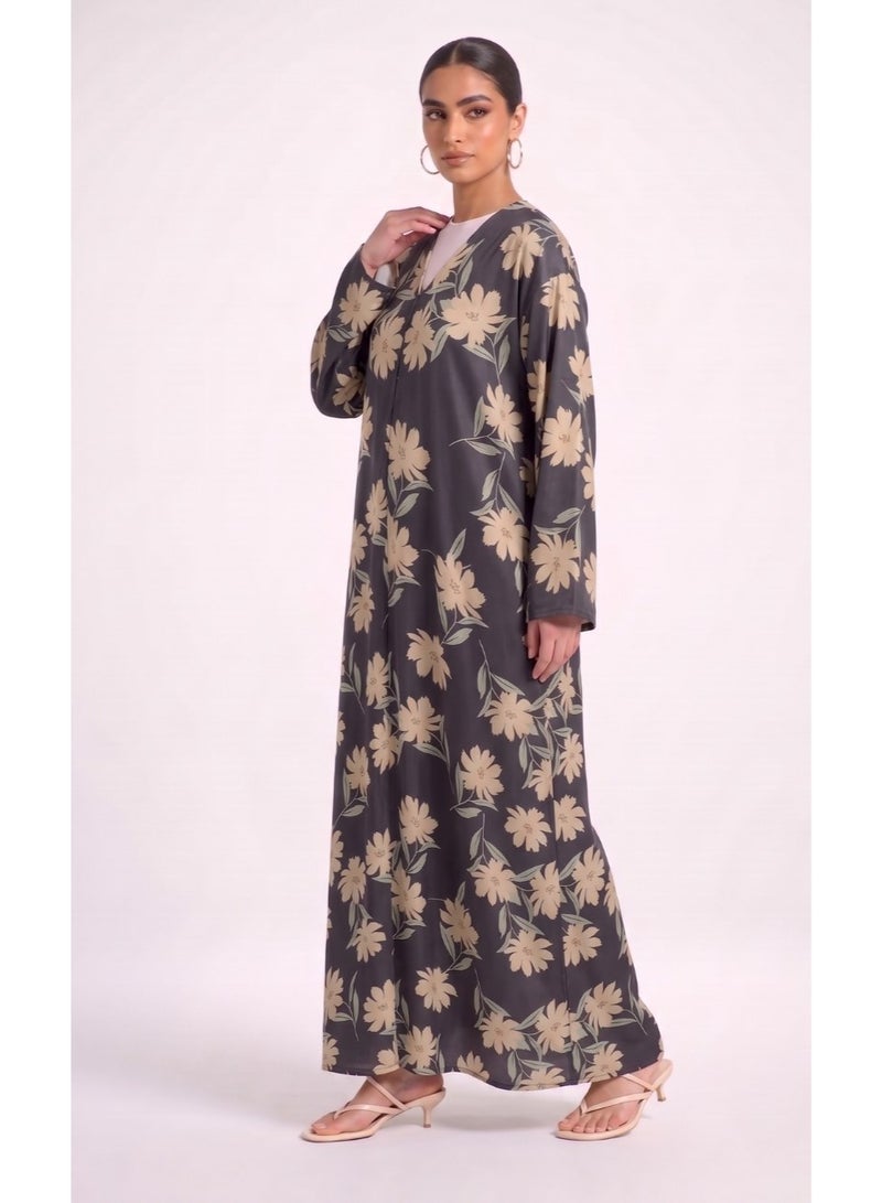 Next Abaya Black Floral Printed Silk Abaya - Image 4