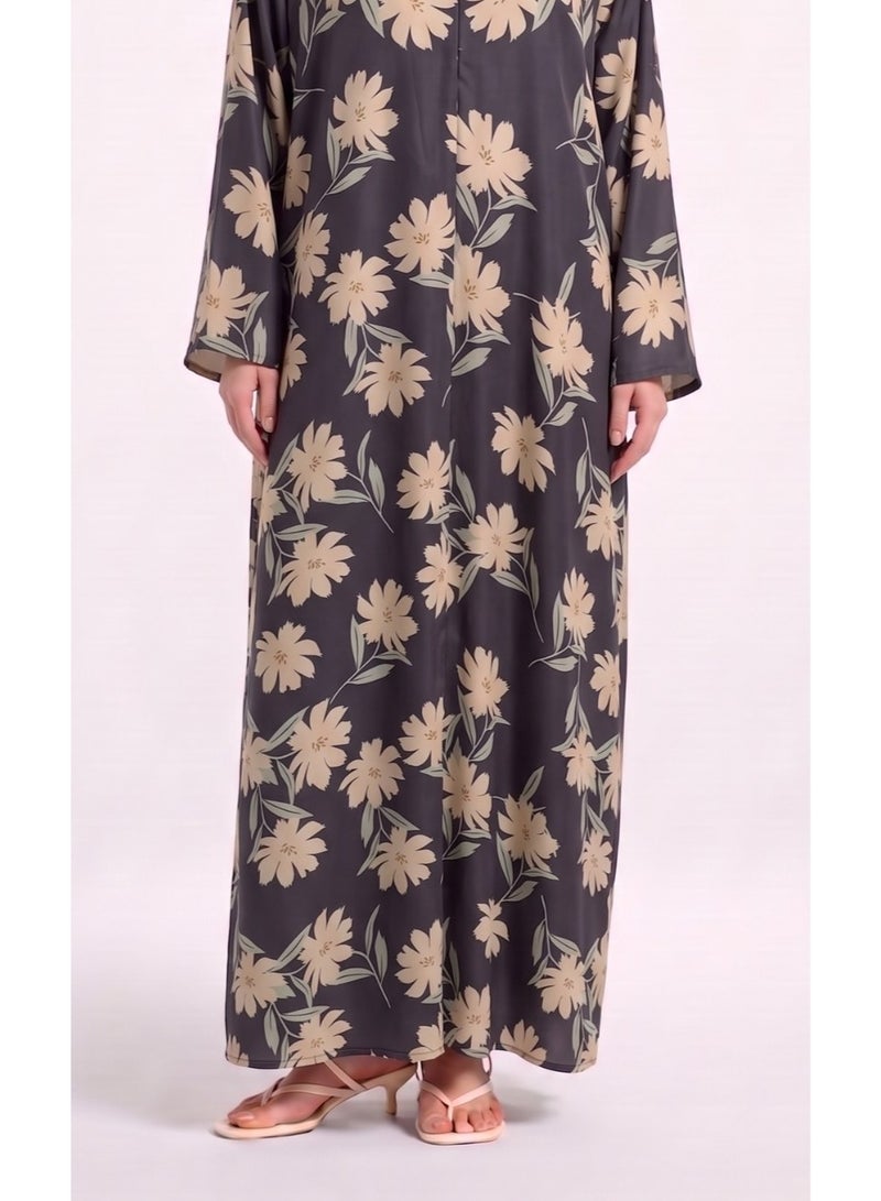 Next Abaya Black Floral Printed Silk Abaya - Image 3