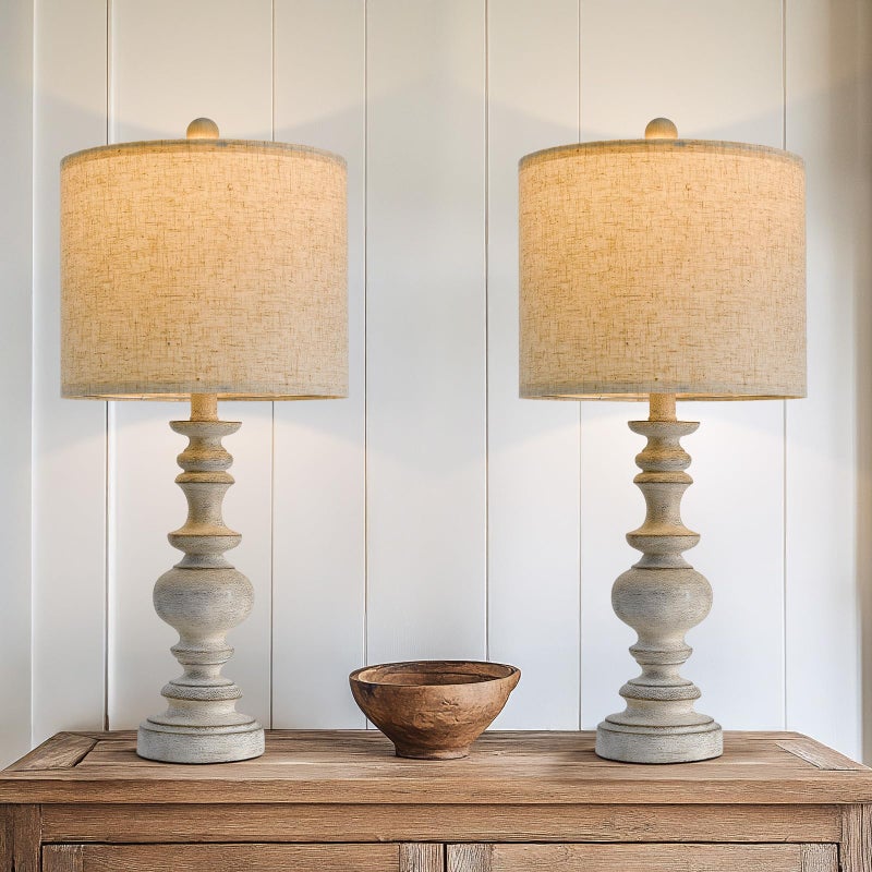 BOBOMOMO 24" Farmhouse Retro Table Lamp Set of 2, Traditional Resin Lamps for Living Room Bedroom, Vintage Bedroom Lamps with Linen Shades, Rustic Table Lamps for Living Room, Nursery, Office - Image 3