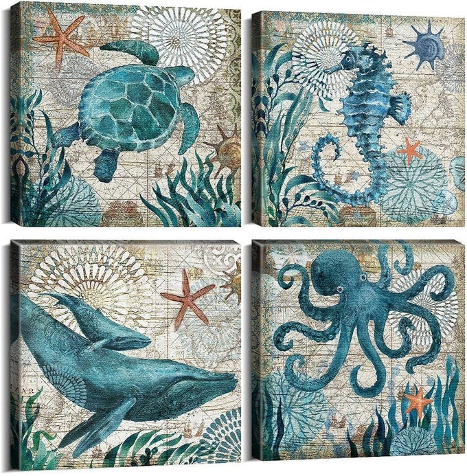 COASTAL BEACH WALL ART FOR LIVING ROOM SEA TURTLE PICTURES BATHROOM WALL DECOR TEAL BLUE NAUTICAL THEMED SEAHORSE CANVAS PAINTING OCEAN ANIMAL WHALE POSTERS BEDROOM KITCHE HOME DECORATION 8X8 4