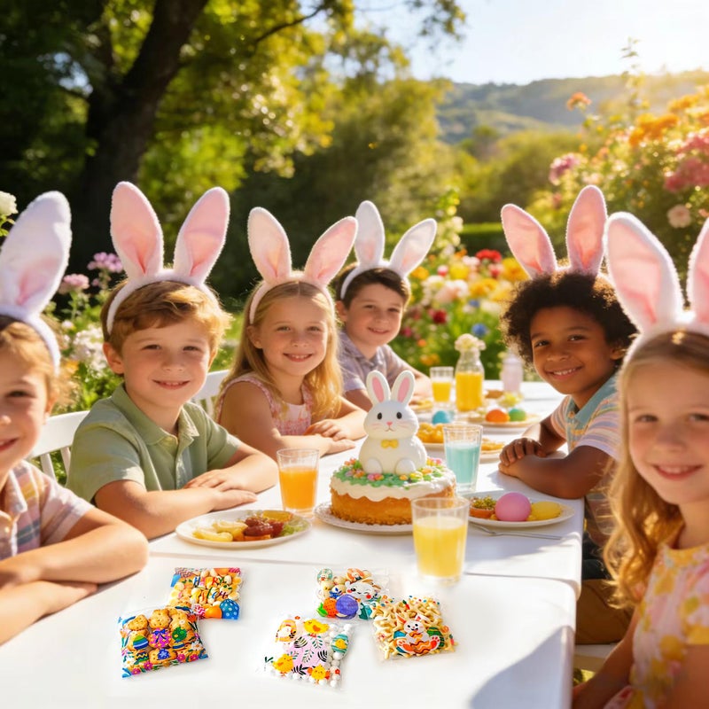 QOIUSO 100Pcs Easter Self Sealing Cookie Bags: 4x4 Inch Clear Easter Cellophane Treat Bags with Happy Easter Designs for Candy Goodie, Cookies, Classroom Exchange, Party Favors and Gift Giving - Image 5