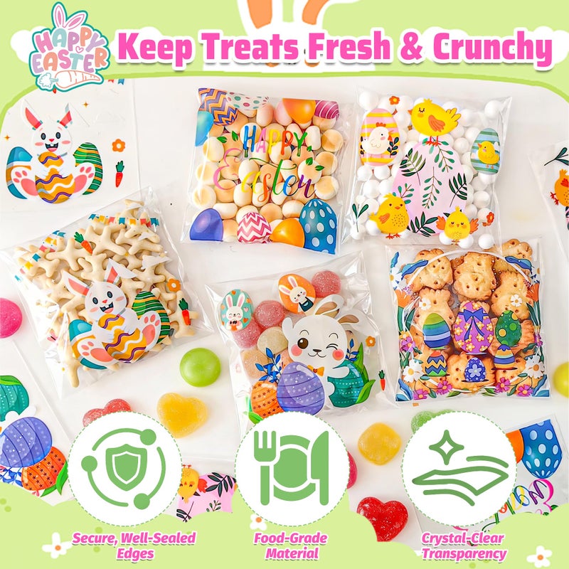 QOIUSO 100Pcs Easter Self Sealing Cookie Bags: 4x4 Inch Clear Easter Cellophane Treat Bags with Happy Easter Designs for Candy Goodie, Cookies, Classroom Exchange, Party Favors and Gift Giving - Image 4