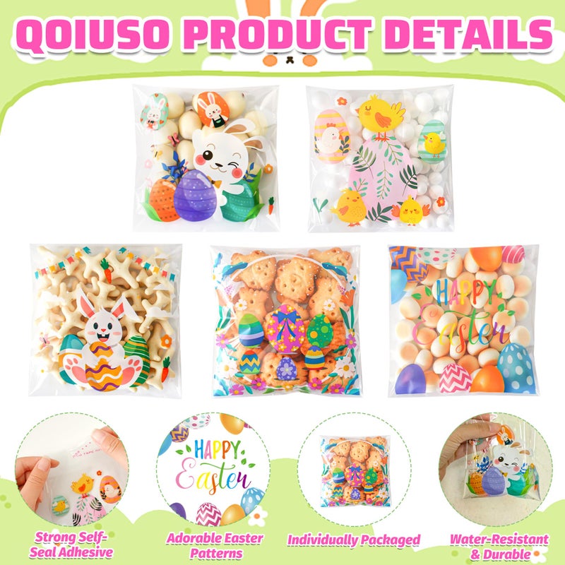 QOIUSO 100Pcs Easter Self Sealing Cookie Bags: 4x4 Inch Clear Easter Cellophane Treat Bags with Happy Easter Designs for Candy Goodie, Cookies, Classroom Exchange, Party Favors and Gift Giving - Image 3