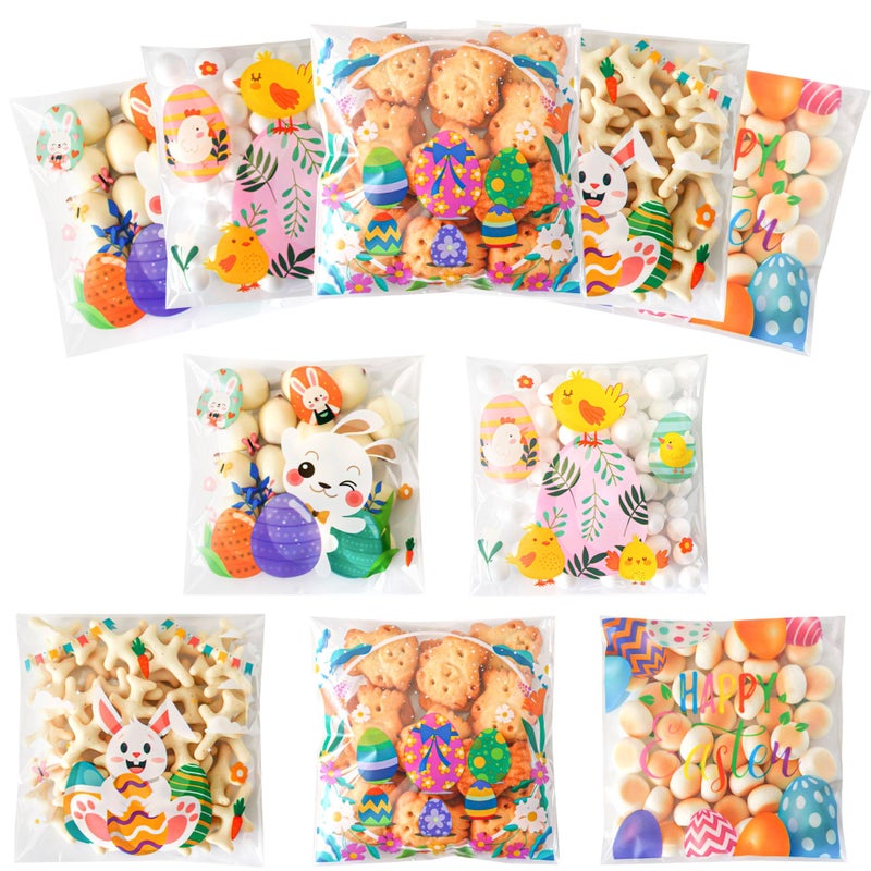 QOIUSO 100Pcs Easter Self Sealing Cookie Bags: 4x4 Inch Clear Easter Cellophane Treat Bags with Happy Easter Designs for Candy Goodie, Cookies, Classroom Exchange, Party Favors and Gift Giving - Image 1