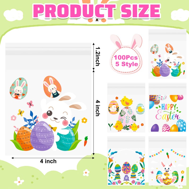QOIUSO 100Pcs Easter Self Sealing Cookie Bags: 4x4 Inch Clear Easter Cellophane Treat Bags with Happy Easter Designs for Candy Goodie, Cookies, Classroom Exchange, Party Favors and Gift Giving - Image 2