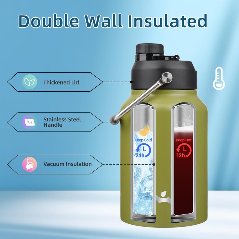 Konokyo Half Gallon Jug with Handle,64 oz Insulated Water Bottle with Carrying Pouch,Double Wall Vacuum Stainless Steel Metal Bottle,Forest Green - Image 3