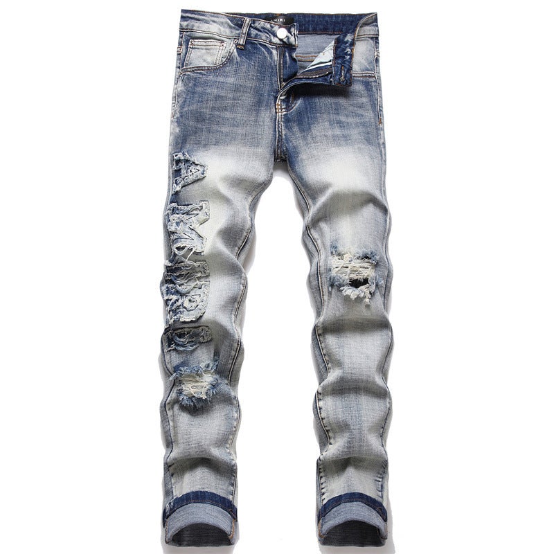 2022 New Autumn Punk Mens Ripped Patch Jeans Blue 