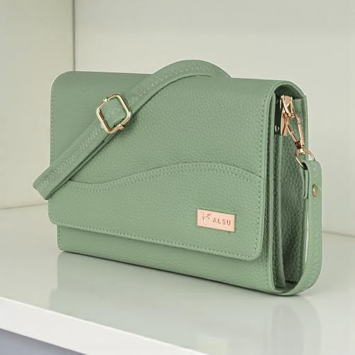 ALSU Women’s Vegan Leather Sling Bag| Stylish Crossbody Purse with Zipper Pocket & Card Slots | Magnetic Closure, Adjustable Strap| Premium Everyday Shoulder Bag for Women & Girls (Light Green) - Image 2