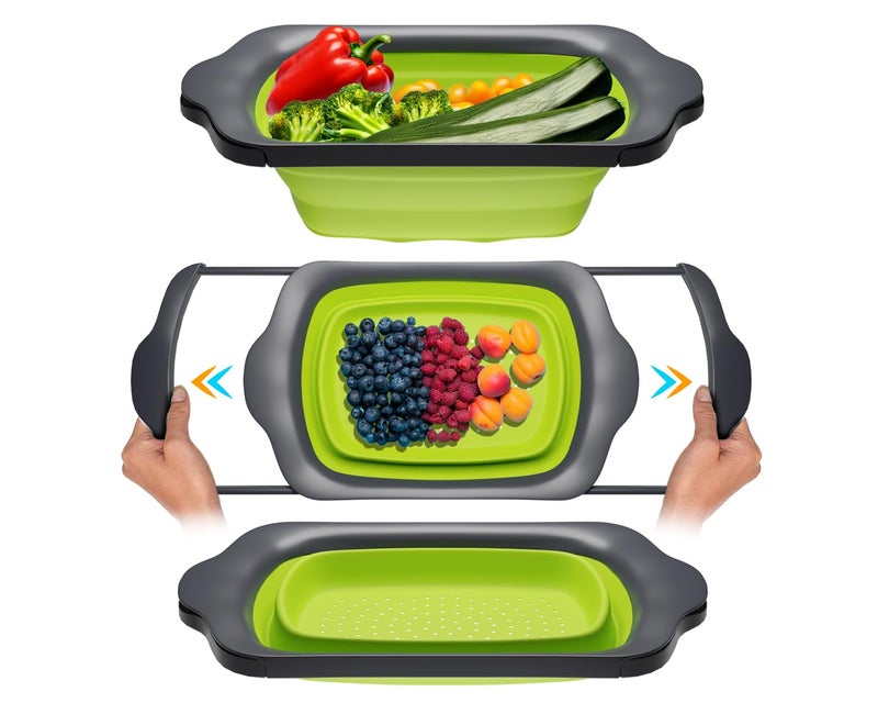 Comfify XL Large Kitchen Strainer by Comfify - Collapsible Silicone Over-The-Sink Colander with Extendable Handles - Use with Pasta, Fruit, Berries & Veggie - 6 Quart - Green - Image 1