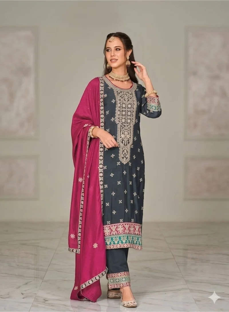 PRIYA’S PANACHE Navy Blue Blue Silk Embroidery Kurta Set for Women Indian Wedding Dress | Kurta Set Ladies Indian Ethnic Wear | Pakistani Salwar Kameez Suit with Golden Zari Work, Ready to Wear Pants & Magenta Dupatta | Festive Party Wear Indian Dress for Ladies. for Women | Best Price UAE