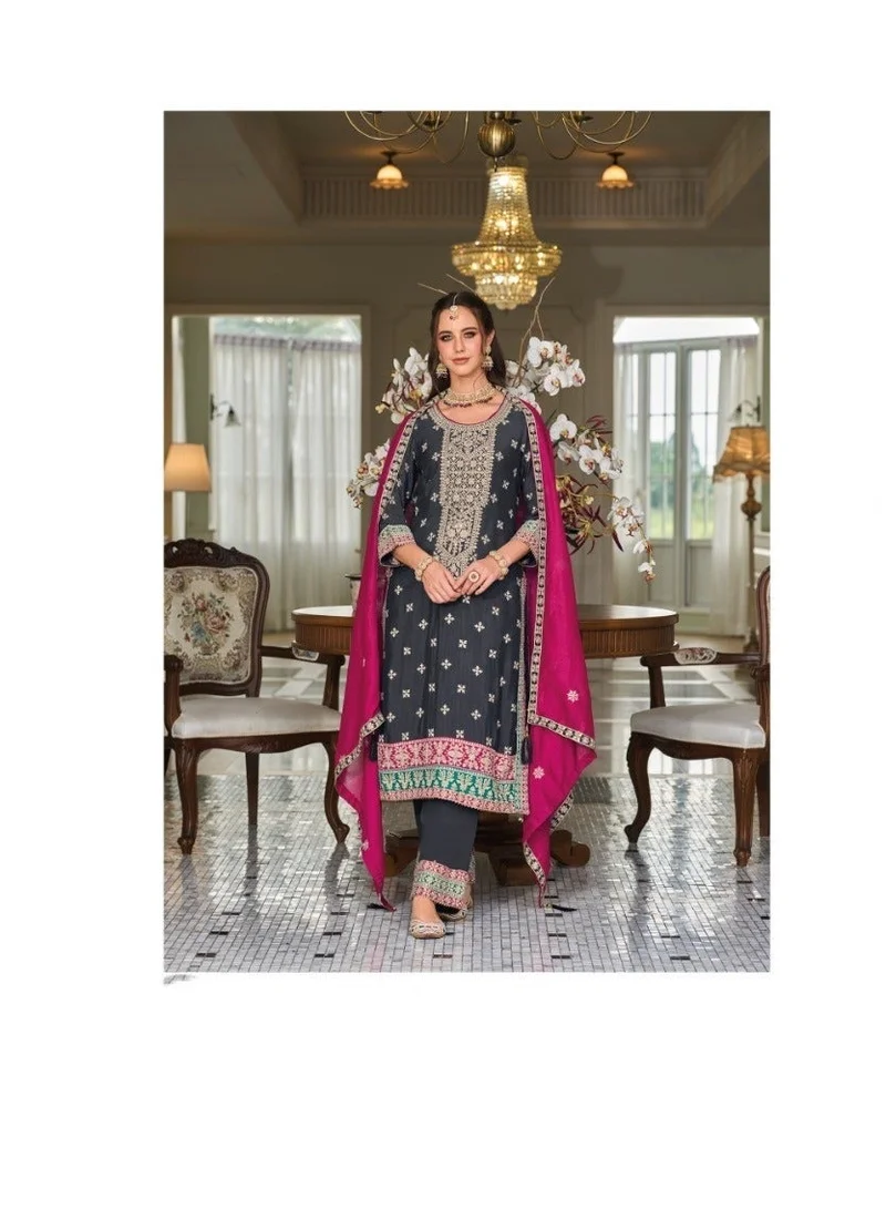 PRIYA’S PANACHE Navy Blue Blue Silk Embroidery Kurta Set for Women Indian Wedding Dress | Kurta Set Ladies Indian Ethnic Wear | Pakistani Salwar Kameez Suit with Golden Zari Work, Ready to Wear Pants & Magenta Dupatta | Festive Party Wear Indian Dress for Ladies. for Women | Best Price UAE