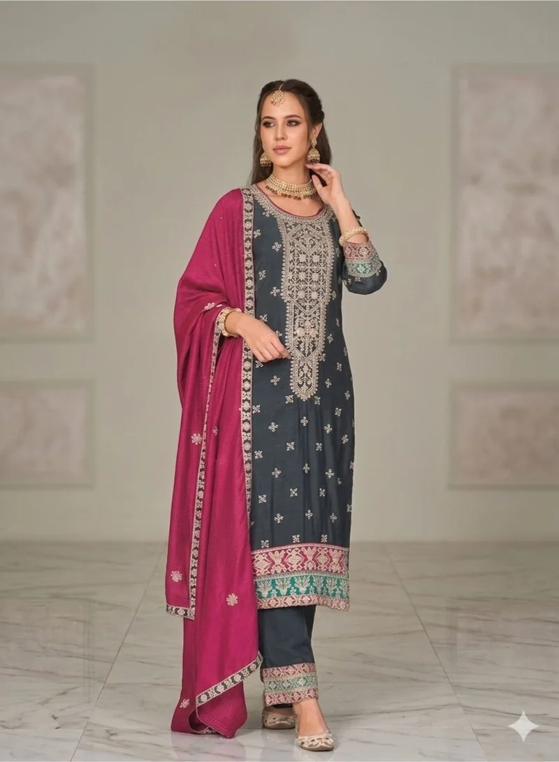 Blue Silk Embroidery Kurta Set for Women Indian Wedding Dress | Kurta Set Ladies Indian Ethnic Wear | Pakistani Salwar Kameez Suit with Golden Zari Work, Ready to Wear Pants & Magenta Dupatta | Festive Party Wear Indian Dress for Ladies.