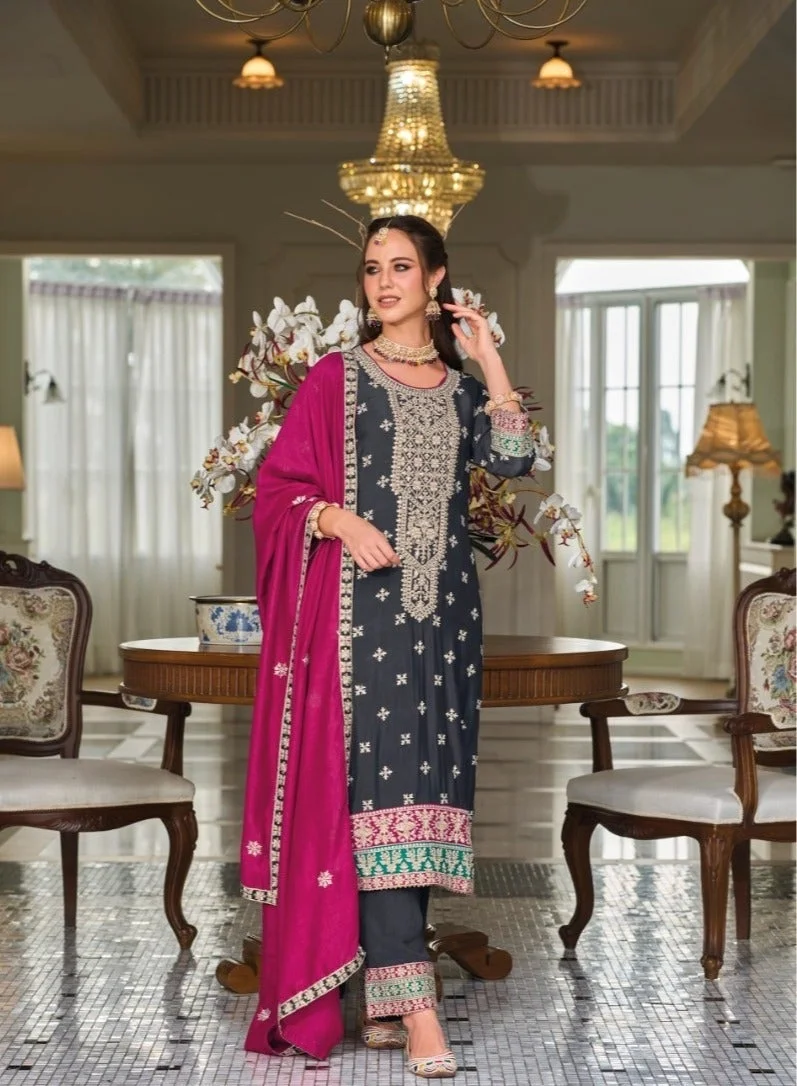 PRIYA’S PANACHE Navy Blue Blue Silk Embroidery Kurta Set for Women Indian Wedding Dress | Kurta Set Ladies Indian Ethnic Wear | Pakistani Salwar Kameez Suit with Golden Zari Work, Ready to Wear Pants & Magenta Dupatta | Festive Party Wear Indian Dress for Ladies. for Women | Best Price UAE