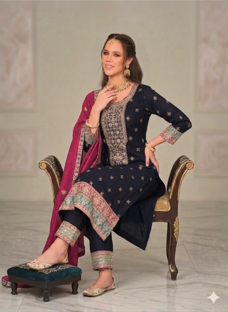 PRIYA’S PANACHE Navy Blue Blue Silk Embroidery Kurta Set for Women Indian Wedding Dress | Kurta Set Ladies Indian Ethnic Wear | Pakistani Salwar Kameez Suit with Golden Zari Work, Ready to Wear Pants & Magenta Dupatta | Festive Party Wear Indian Dress for Ladies. for Women | Best Price UAE