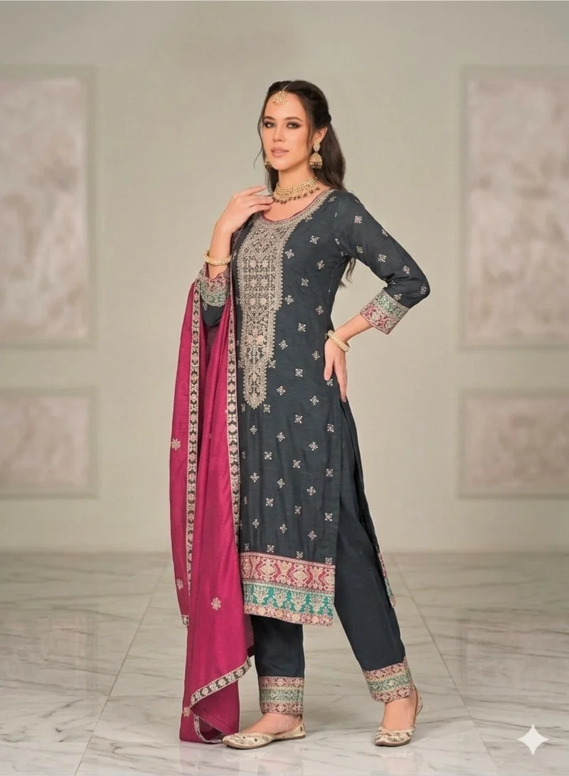 PRIYA’S PANACHE Navy Blue Blue Silk Embroidery Kurta Set for Women Indian Wedding Dress | Kurta Set Ladies Indian Ethnic Wear | Pakistani Salwar Kameez Suit with Golden Zari Work, Ready to Wear Pants & Magenta Dupatta | Festive Party Wear Indian Dress for Ladies. for Women | Best Price UAE